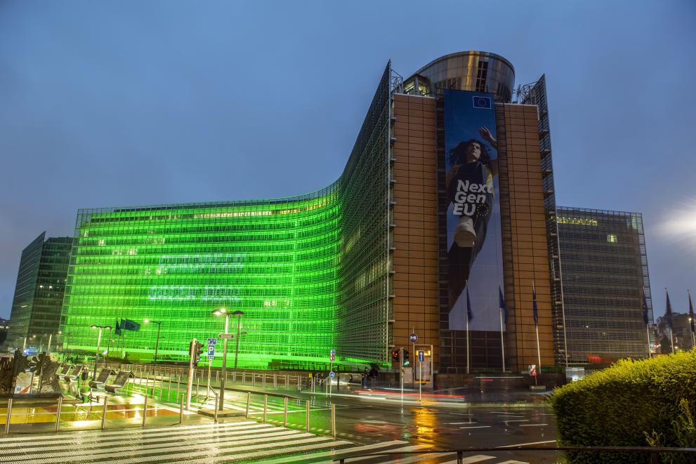 Berlaymont building illuminated in green for the European Green Deal