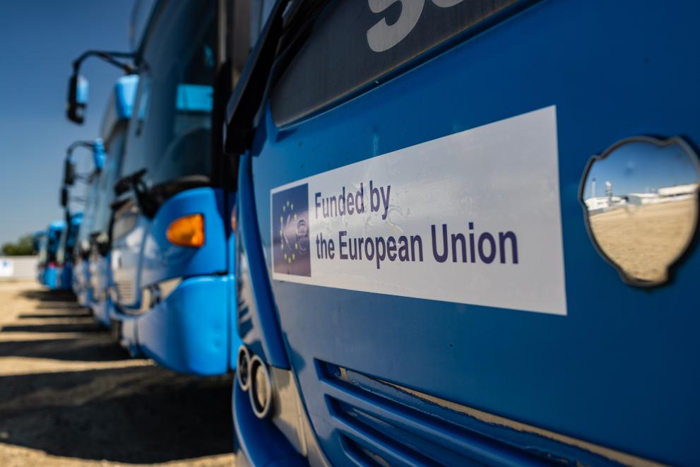 Solidarity with Ukraine - School buses and other humanitarian aid at the EU logistics hub in Romania	
