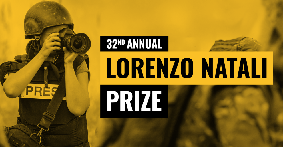 photojournalist with camera and the words 32nd Annual Lorenzo Natali Prize