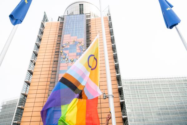 The rainbow flag in front of the Berlaymont building on the occasion of the International Day Against Homophobia, Transphobia and Biphobia (IDAHOT) 2024