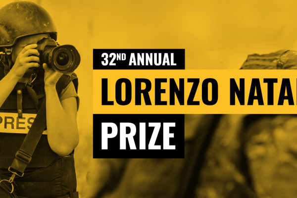 photojournalist with camera and the words 32nd Annual Lorenzo Natali Prize